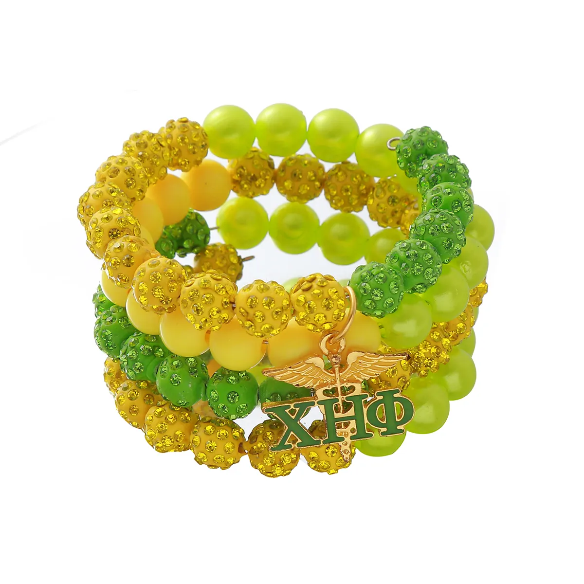 Venta al por mayor delicada Chi Eta Phi inspirado enfermera regalos joyería delicada amarillo y verde con cuentas Soror XHO mujeres pulsera apilable