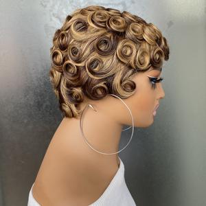Cheveux humains Highlight Short Pixie Cut <span class=keywords><strong>avec</strong></span> Bangs Rose Net Cap Everyday Formal Hairstyle Machine Made Perruque - Product Image 3