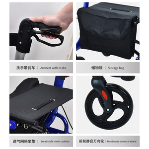 Déambulateur pliant en alliage d'aluminium à quatre roues léger pour personnes âgées avec frein à disque bleu - Product Image 4