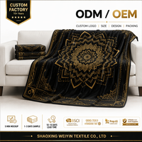 Plaid en flanelle polaire imprimé mandala noir et or de luxe, design personnalisé, doux et moelleux, pour canapé et lit, idéal pour cadeaux en gros