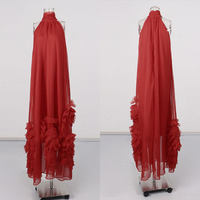 Robe longue élégante rouge sans manches à col montant pour femme, avec volants superposés et nœud au dos, idéale pour les occasions formelles, les mariages ou les soirées – Vente en gros