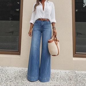 <span class=keywords><strong>Jeans</strong></span> Casual a <span class=keywords><strong>Vita</strong></span> Alta e Gamba Larga per Donna, Stile Vintage Blu, Vestibilità Comoda e Lunga - Product Image 1
