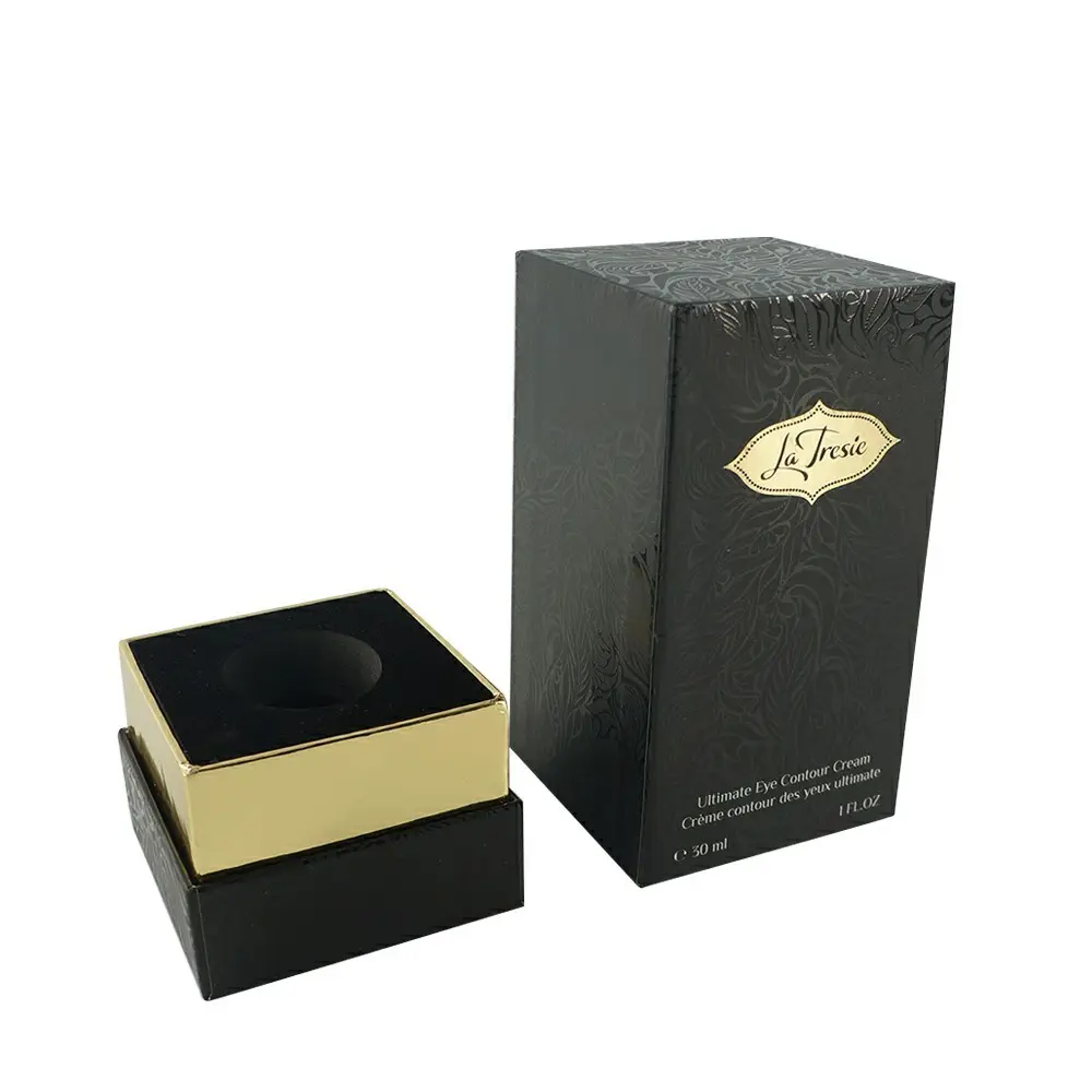 Embalaje de cartón de papel de lujo, conjunto de Cajas de Regalo cosméticas negras con espuma para Perfume
