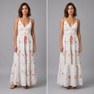 Women Boho Embroidered Cotton Maxi <b>Dress</b> – Sleeveless Smocked Waist Tiered Long <b>Dress</b> with Tassel Detail - Product Image 1