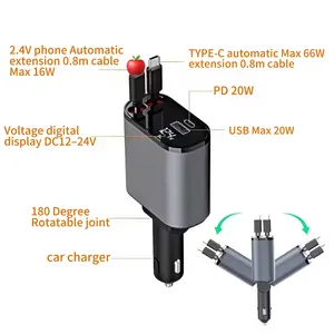 Pengisi daya mobil USB 4 in 1 PD 100W, pengisi daya pintar DC PD 3.0 tampilan Digital LED dapat ditarik cepat, pengisian daya iPhone tipe 2,1a 1,5a SCP