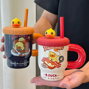 B.Duck Ceramic <b>Mug</b> With Lid And Straw Cartoon Design For <b>Coffee</b> Or Water Single Cup Gift Set - Product Image 3