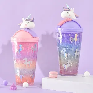 Crushed Custom Logo Ice Cream Unicorn Double Layer Refrigeration Water With Straw Girl Cute Plastic Cup Suppliers