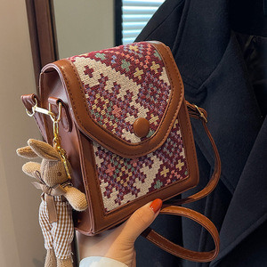 Bohemian <strong>Ethnic</strong> Style Geometric Pattern Women Crossbody <strong>Mobile</strong> Phone <strong>Bag</strong> With Rabbit Pendant Fashion Pu Leather Small Square <strong>Bag</strong> - Product Image 2