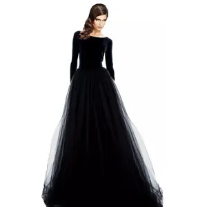 Sexy Backless Prom Dress Wholesale Long Sleeve Boat Neck Evening Dress Manufacturer made Black Velvet Wedding Dress