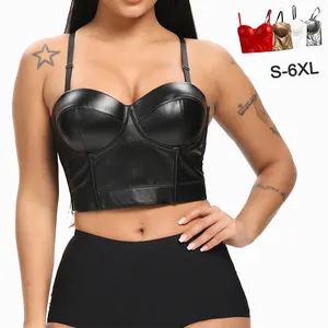 Reggiseno <span class=keywords><strong>Push</strong></span>-<span class=keywords><strong>up</strong></span> in Ecopelle Nera Taglie Forti, Lingerie Steampunk Gotica, Bustier da Donna, Top Sexy Corsetto Crop - Product Image 1
