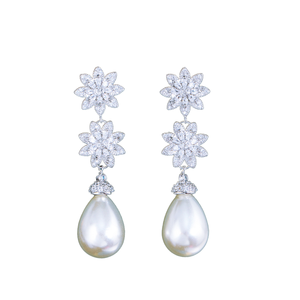Pendientes de gota de perla largos elegantes con racimo de piedra de Zirconia cúbica accesorio de joyería de desfile de boda elegante para mujer - Product Image 1