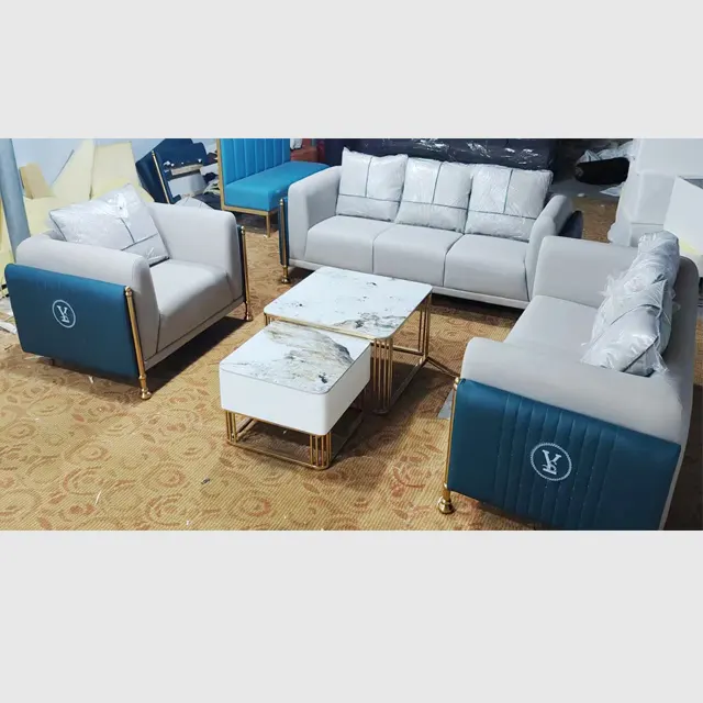 Herstellung OEM Wohnzimmer möbel Hochwertige Luxus Custom ized Gold Stahl PU Leder Modern Sofa Set