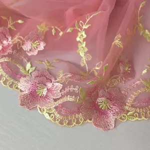 DIY Aksesori Pakaian Kain Jahit Pangkas Bordir Bunga Merah Muda Ungu Kain Renda Jaring Bordir untuk Tirai Baju Boneka