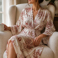 Robe de Noël pour femme, peignoir personnalisé Toile de Jouy, vêtements d'intérieur en viscose de bambou, kimono confortable pour la maison