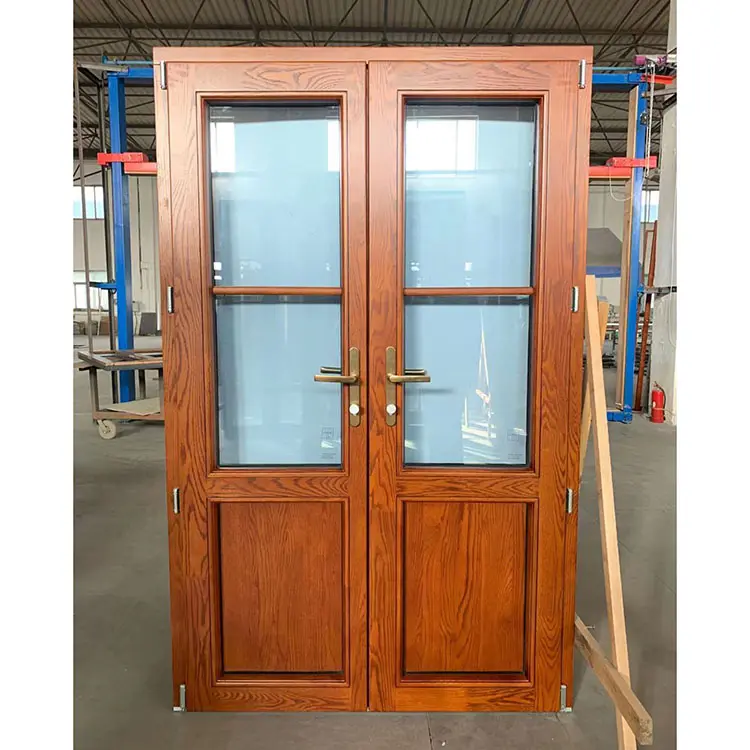 Frost Interior Double Swing half glass half wooden grain color Aluminum Clad Frame french Door For Sale