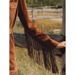 จั๊มสูทลำลองสไตล์โบฮีเมียนตะวันตกสำหรับผู้หญิง รุ่นคัสตอม 2026 สีน้ำตาลหนังกลับ แขนยาว คอวี แต่งพู่ เอวยางยืด ทรงหลวม - Product Image 2