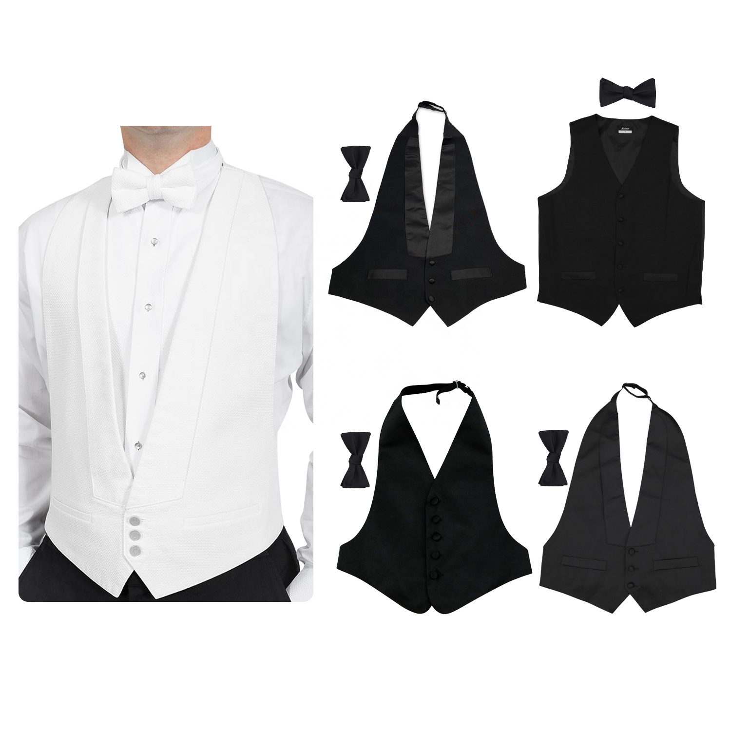 Prêt à expédier costume de mariage pour hommes formel ouvert côté sans manches smoking gilets et gilets pour hommes en forme de V gilet et nœud papillon ensemble