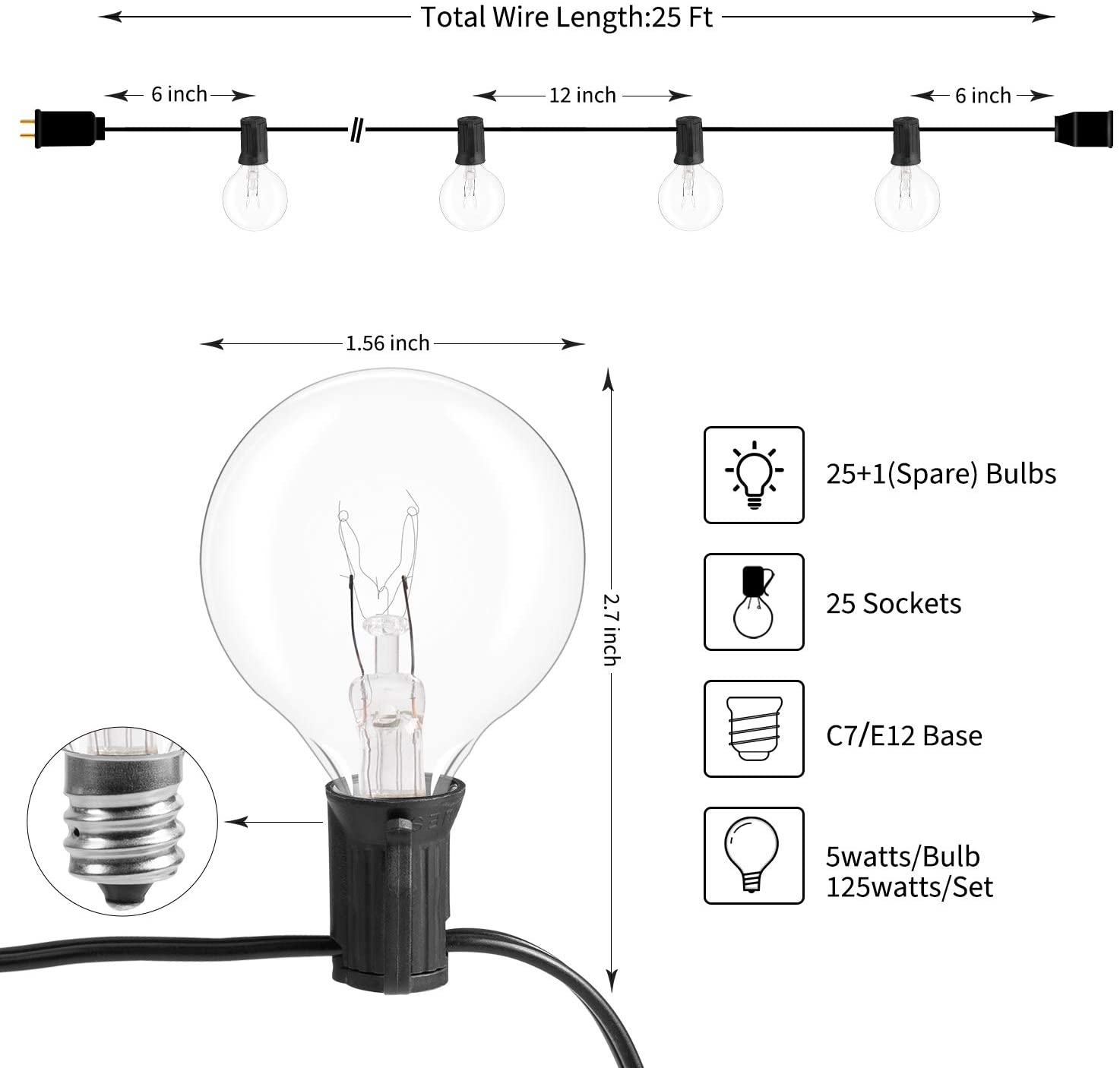 Outdoor Indoor 25FT 50FT 100FT G40 Globe String Lights with US and UK Plug