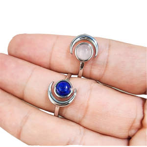 Bague ajustable tendance en lapis-lazuli naturel et quartz rose en forme de lune, bijoux en argent sterling 925, cadeau d'anniversaire de mariage pour femmes - Product Image 4