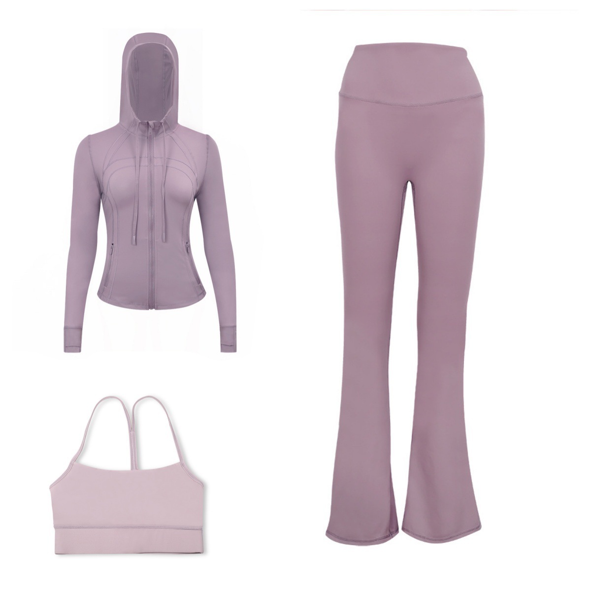 Solid Breathable Flared Pants Hooded Jacket Y Back Bra Sports Suit Three-piece Set Fitness Yoga