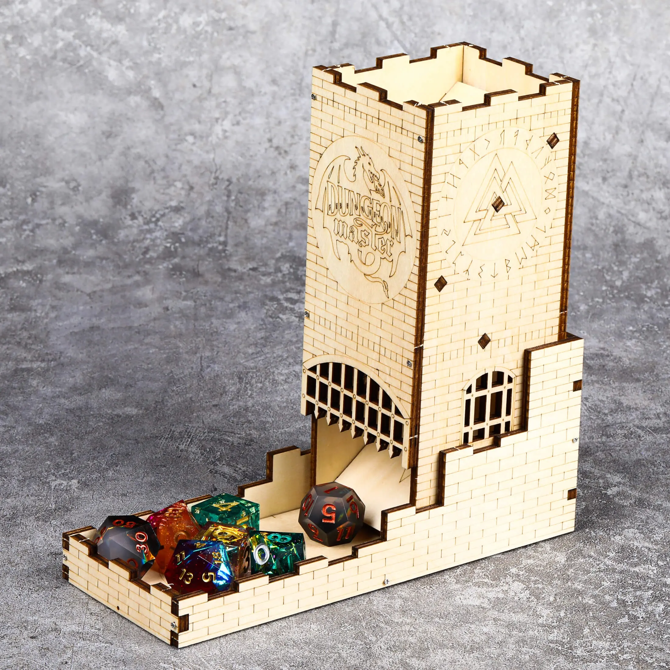 Brettspiel Holz Laser Cut Dragon Carving Easy Roller Holz Schloss Würfel Turm mit Tablett