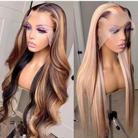 Peluca de Cabello Humano Virgen Hindú con Frente de Encaje HD de 30 Pulgadas, Color Ombre Marrón con Reflejos, Sin Pegamento, Pre-Desplumada, Línea de Cabello Natural