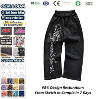 Pantalon de survêtement mi-long vintage personnalisé gris/noir, effet délavé, déchiré, avec logo flocage lignes abstraites et taille à volants