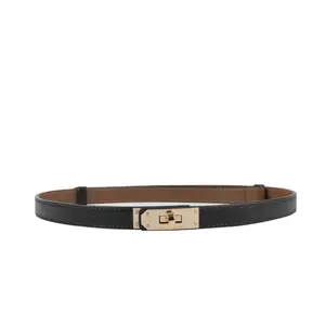 Ceinture fine vintage de luxe en cuir véritable pour femmes, ceinture à boucle en alliage d'or pour robe 2024