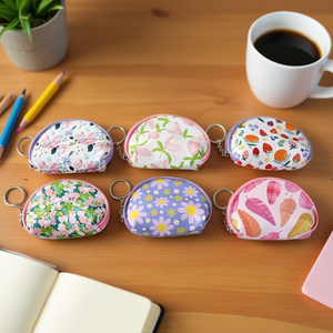 Portamonete semicircolare con motivo floreale a foglie N Brand 11,5x9 cm, portachiavi con cerniera, mini portatile unisex - Product Image 3