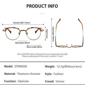 OTW6020チタン製メガネフレーム 高級高品質スタイリッシュな度付きメガネ 男女兼用 ソリッドパターン クラシックスタイル ゴールドAC - Product Image 5