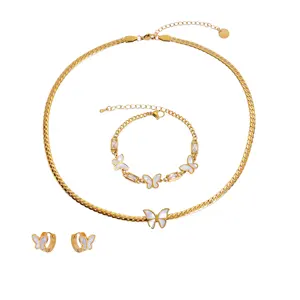 Elegant Zircon Butterfly Shell Snake Chain Stainless Steel 18k Gold Plated Necklace Bracelet Earrings Jewelry Sets for Women