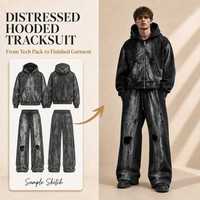 Ensemble sweat à capuche zippé et pantalon de survêtement noir délavé personnalisé pour homme, style streetwear, OEM ODM, logo, vente en gros, fournisseur et fabricant de vêtements sous marque privée