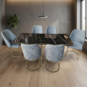 Ensemble de salle à manger moderne convertible 6 pièces, chaises en velours, table noire, cadre doré, mobilier contemporain adapté aux appartements - Product Image 2