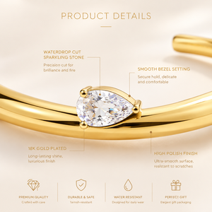 Bracelet manchette ouvert en acier inoxydable plaqué or 18 carats, poli, sans nickel, avec zircon cubique taille poire serti griffe et pierre précieuse en forme de cœur, réglable - Product Image 4