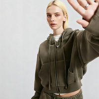 Sweat à capuche court pour femme en coton tricoté, personnalisé avec logo frontal, brodé et imprimé, double fermeture éclair, collection Hiver/Automne