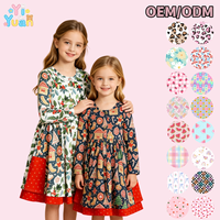 Robe longue à manches longues pour fillettes, imprimé baies de laurier de Noël, boutonnée sur le devant, rouge, à volants superposés, douce, pour les fêtes