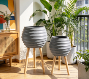 Horizontal Ribbed Tripod Plant Pot Set of 3, <b>Tall</b> Standing Flower <b>Planter</b> with <b>Wooden</b> Legs, Cement Texture Indoor Outdoor - Product Image 4