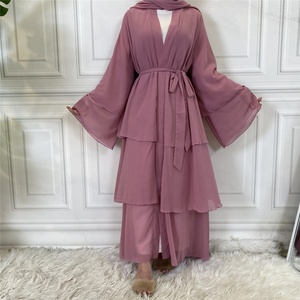 1896#Latest High Quality 3 Layer Simple Chiffon Islamic Clothing Open Front <b>Kimono</b> <b>Cardigans</b> Muslim Women Black Dubai Abaya - Product Image 5