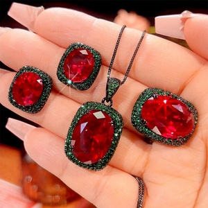 Fashion Jewelry Eco-friendly Copper Black Gold Plated 13*18MM Imitation Ruby Cubic Zirconia Punk Wedding Necklace <b>Earrings</b> Set - Product Image 3