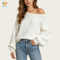 AJB Pull en laine tricoté sur mesure pour femme, décontracté, oversize, col asymétrique, manches lanternes, vente en gros