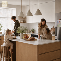 Meubles de cuisine sur mesure pour toute la maison, modernes, en chêne blanc, sans poignées, avec fermeture amortie, vitrine en verre, conformes ISPM-15, encastrés dans une caisse d'exportation, fabrication OEM