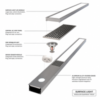 Rail de plafond intégré en aluminium avec fente pour éclairage de surface, système de ventilation AC, système d'extincteurs et détecteur de fumée