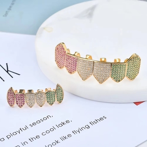 <span class=keywords><strong>Grillz</strong></span> dentaire multicolore en zircon cubique, bijoux hip-hop plaqué or, style Iced Out Bling CZ, pour hommes et femmes - Product Image 2