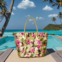 Sac de plage en PU à imprimé ananas et hibiscus, à une épaule, avec fermeture éclair, bordure dorée métallique, doubles poignées supérieures, grande capacité