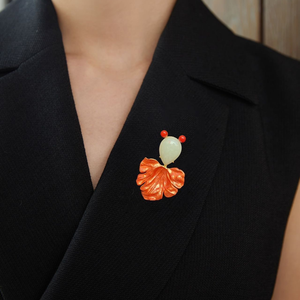 Broche 3D Poisson Rouge Style Chinois avec Jade Hetian Naturel et Corail Bambou, Épingle de Revers Porte-Bonheur en Cuivre Plaqué Or 18K pour Vêtements Féminins - Product Image 5