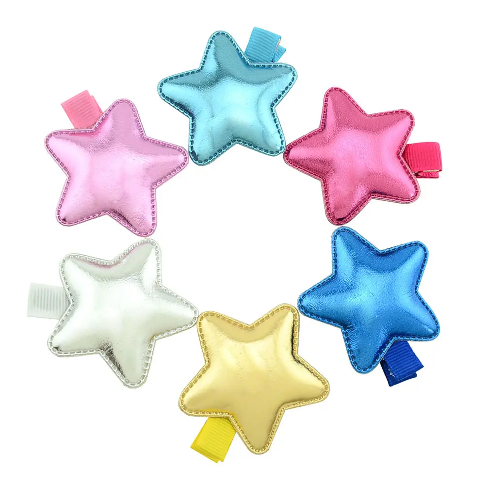 6สีเบาะFelt Appliques Star PUผ้าคลิปหนังผ้าStar Hair Pin Barrettesสำหรับเด็ก