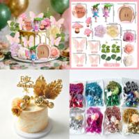 Großhandel 24 Stück Bohemian Blumen- und Palmblatt-Kuchendekoration, Spiegel-Schaumstoffbälle, Regenbogen Happy Birthday Cake Topper Zubehör
