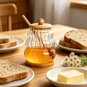 Pot à <span class=keywords><strong>miel</strong></span> en verre borosilicate de haute qualité, sans BPA, avec cuillère en <span class=keywords><strong>bois</strong></span> et couvercle, pour le stockage en cuisine - Product Image 6