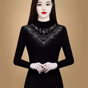 Women's Knit <b>Top</b> Black Long Sleeve Semi High Collar Rhinestone Embellished Soft Polyester Fleece Lined Autumn Winter Base <b>Layer</b> - Product Image 1