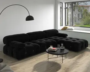 Italian Modular Sectional Sofa Black Velvet Living Room Couch L Shape